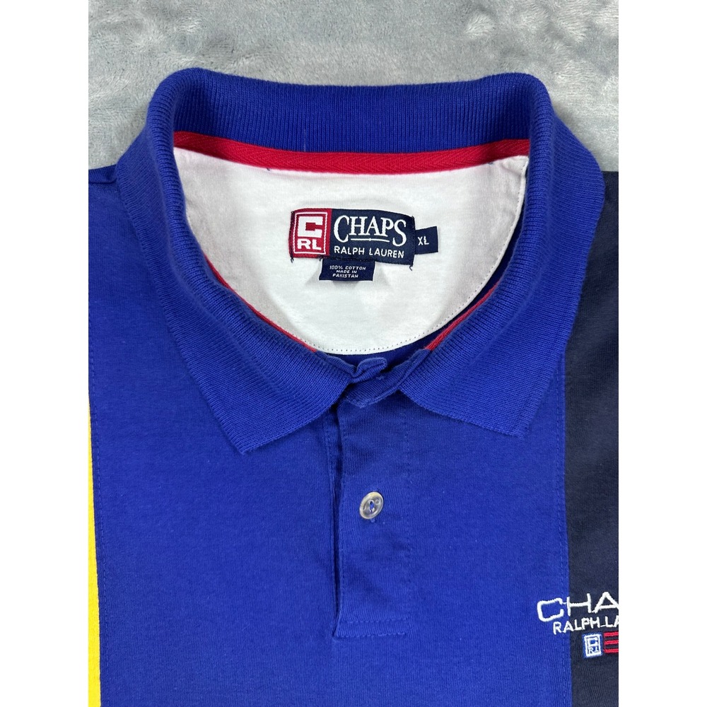 Vintage Chaps Ralph Lauren Color Block Polo Shirt Mens XL Blue Yellow Flag Logo - Picture 4 of 8